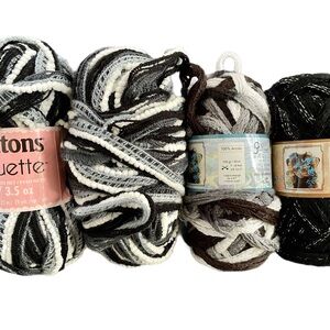 Mixed Lot of Super Bulky Ruffle Yarn in Black, White, and Gray, 15 total oz